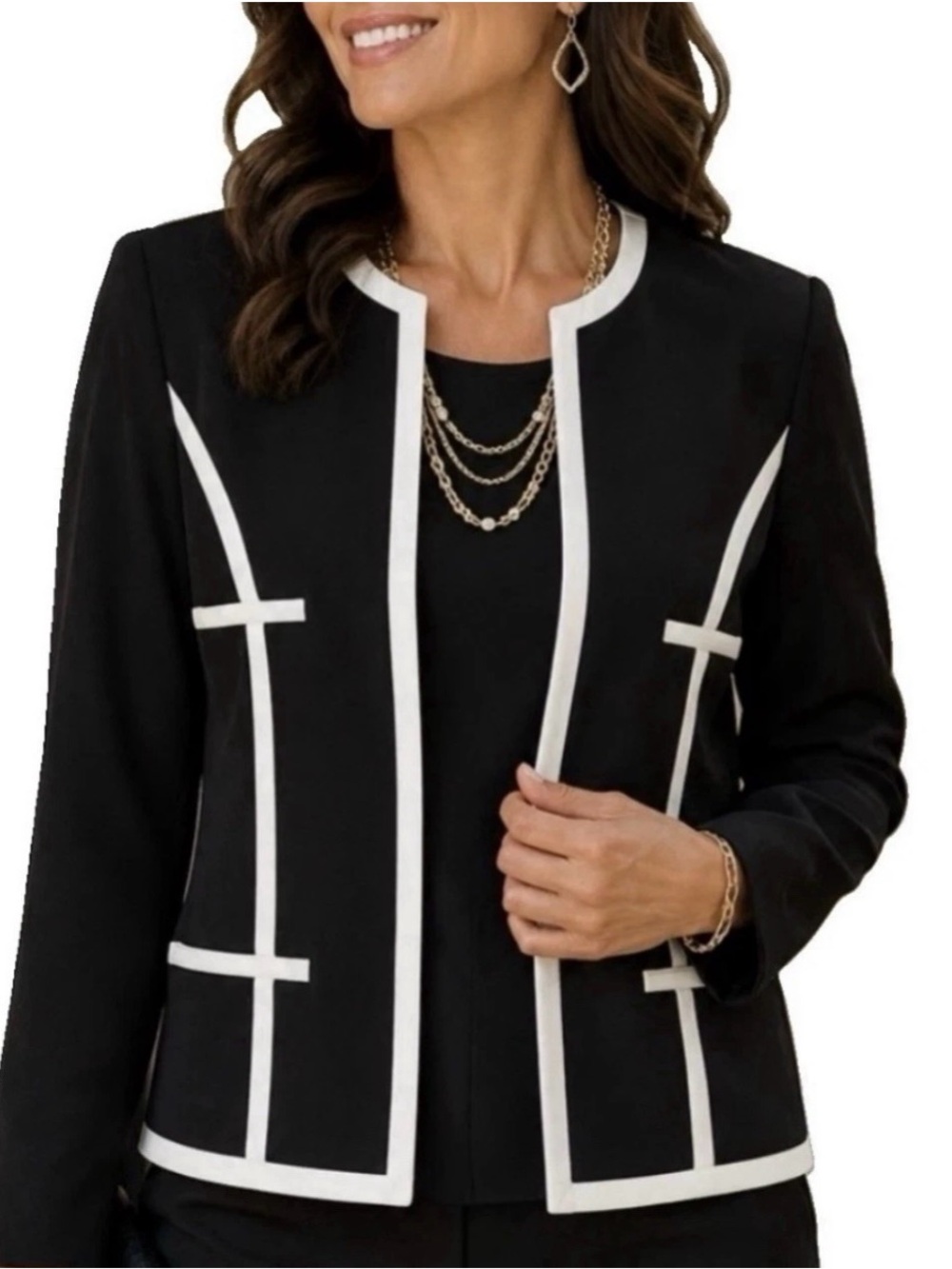 Kasper 16W Black White Contrast Trim Open Front Jacket Blazer Career